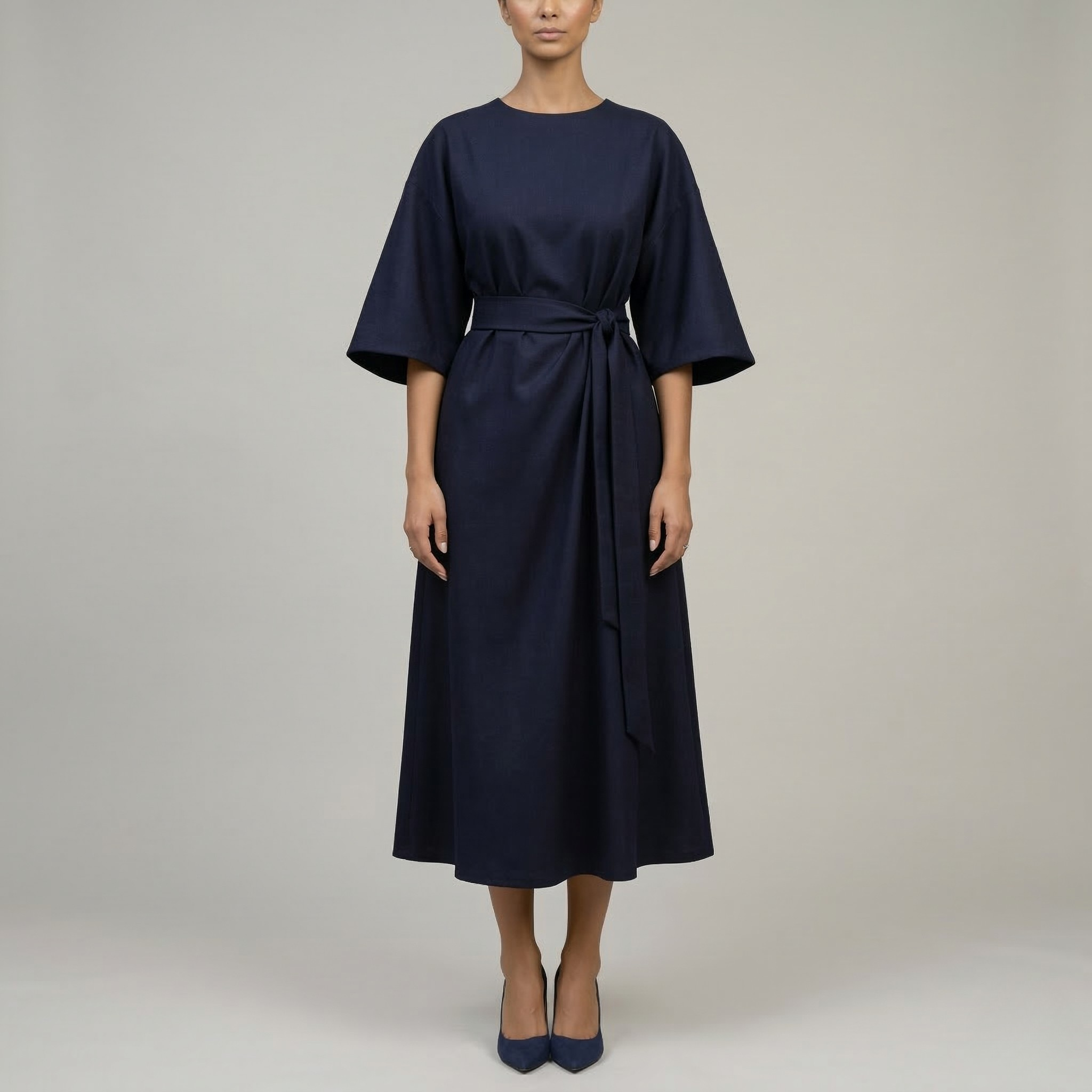 Sukienka midi damska z paskiem, szerokie rękawy, elegancka sukienka casual z długim rękawem