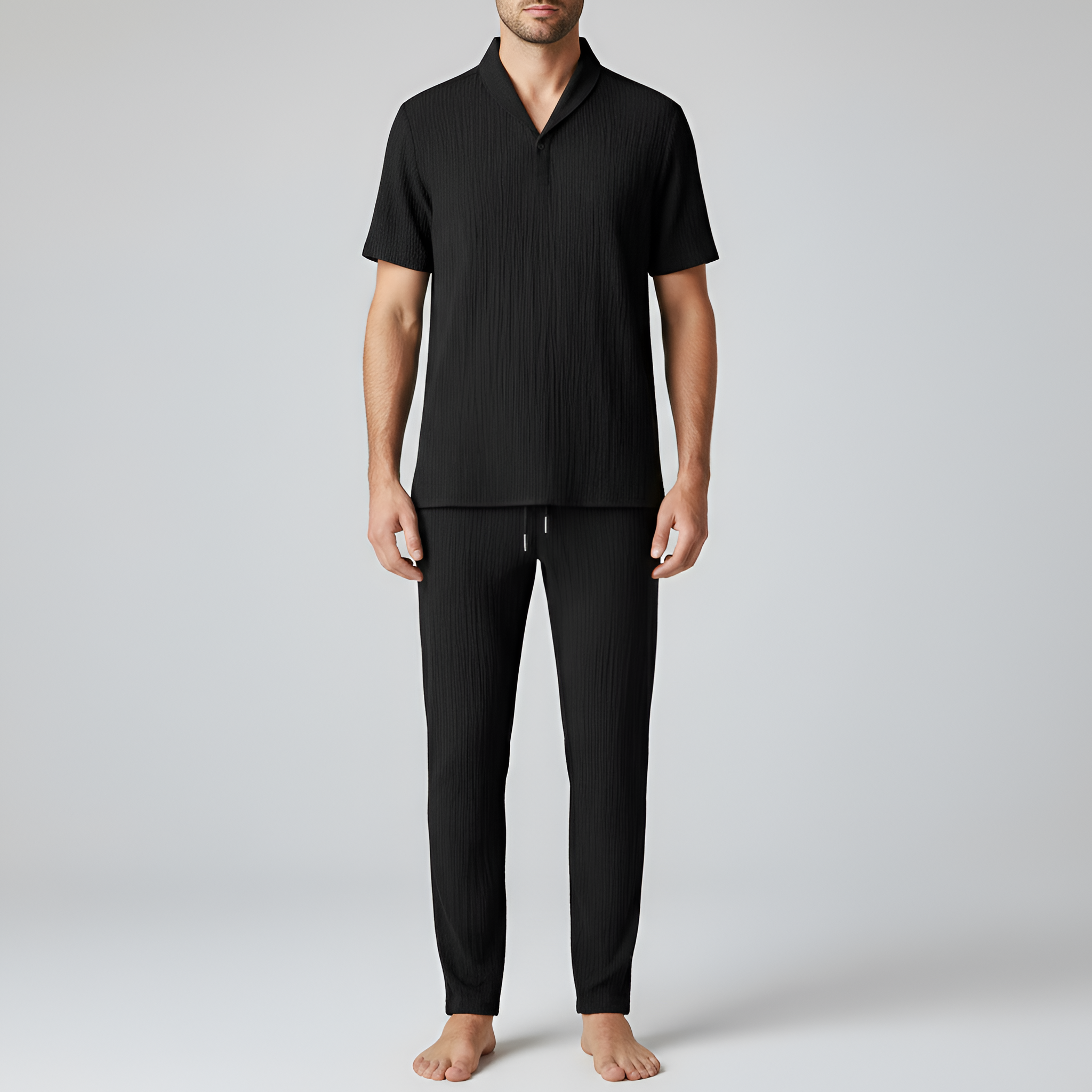 Set pigiama uomo a maniche corte con pantaloni lunghi effetto costina