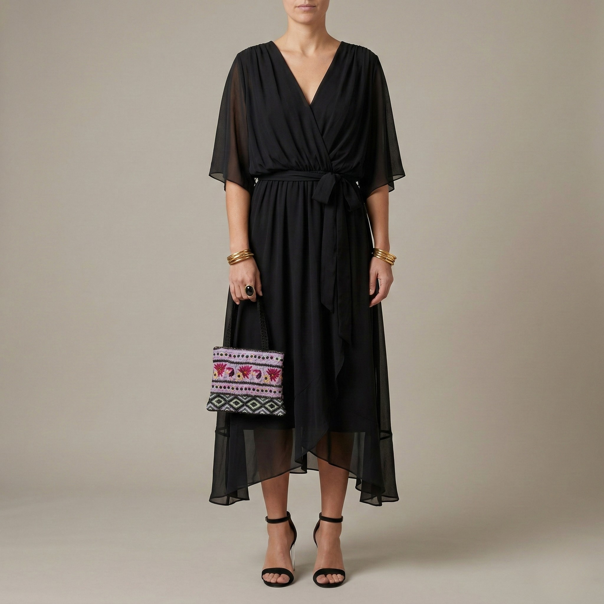 Dlouhé dámské šaty s výstřihem do V a páskem, elegantní letní šaty s širokými rukávy