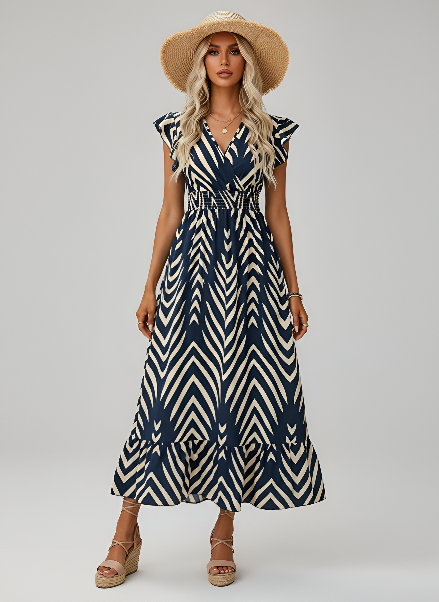 Vestido longo de mulher com decote em V e estampado geométrico, cintura elástica