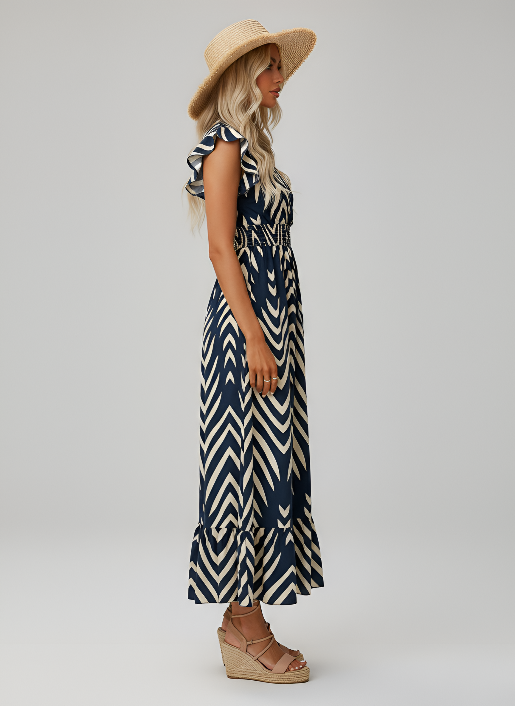 Vestido longo de mulher com decote em V e estampado geométrico, cintura elástica