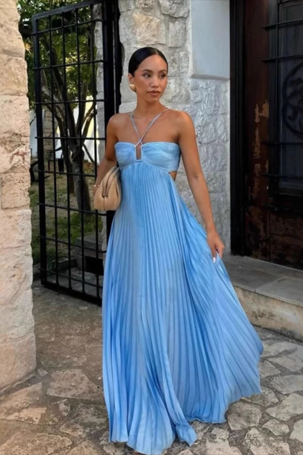 Women Halter Neck Backless Pleated Flowy Summer Maxi Dress