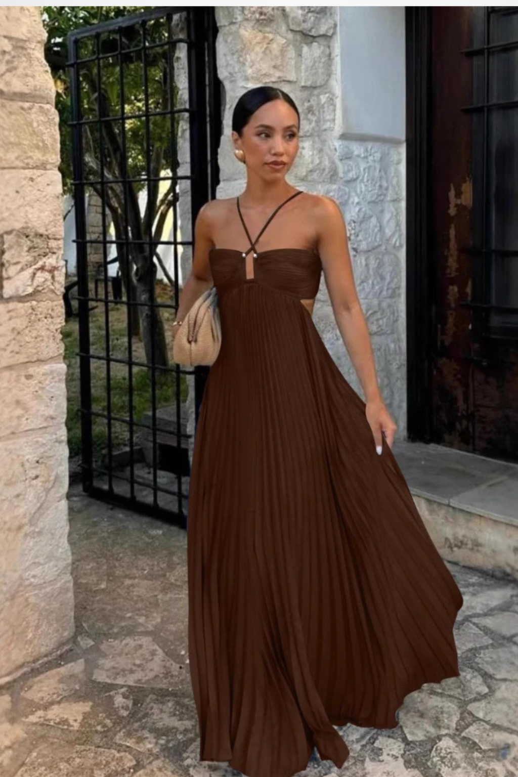 Women Halter Neck Backless Pleated Flowy Summer Maxi Dress