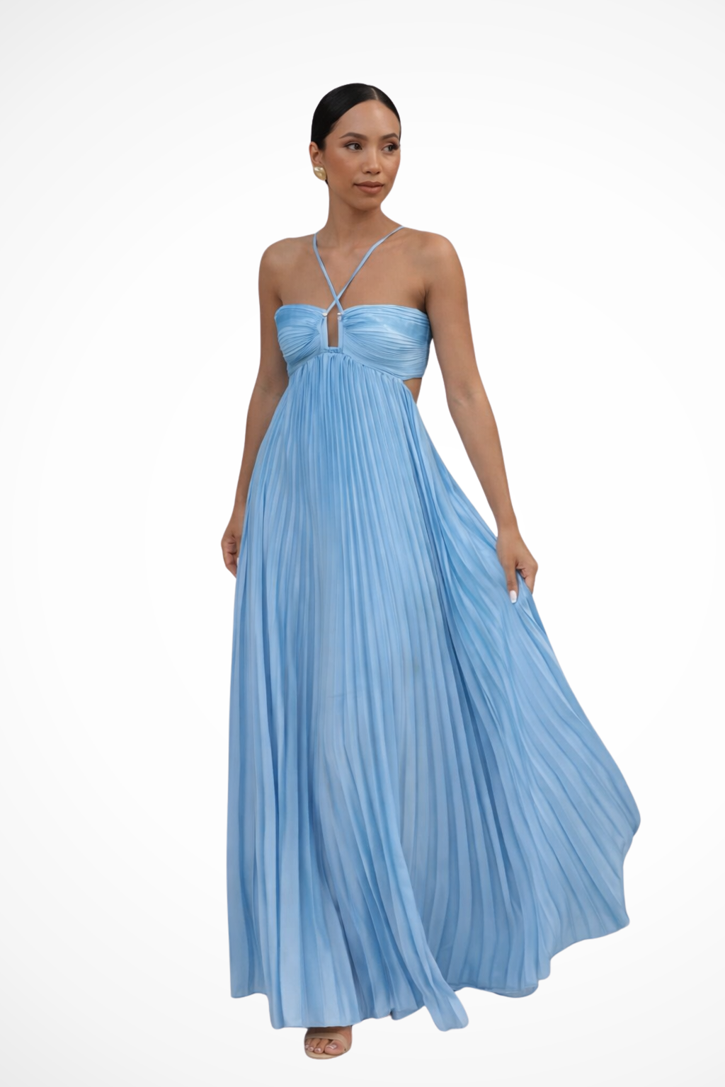 Women Halter Neck Backless Pleated Flowy Summer Maxi Dress