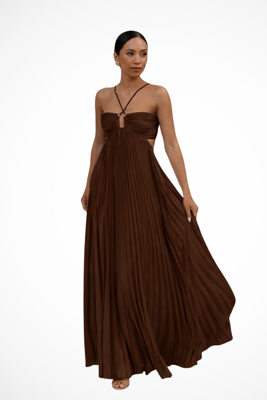 Women Halter Neck Backless Pleated Flowy Summer Maxi Dress