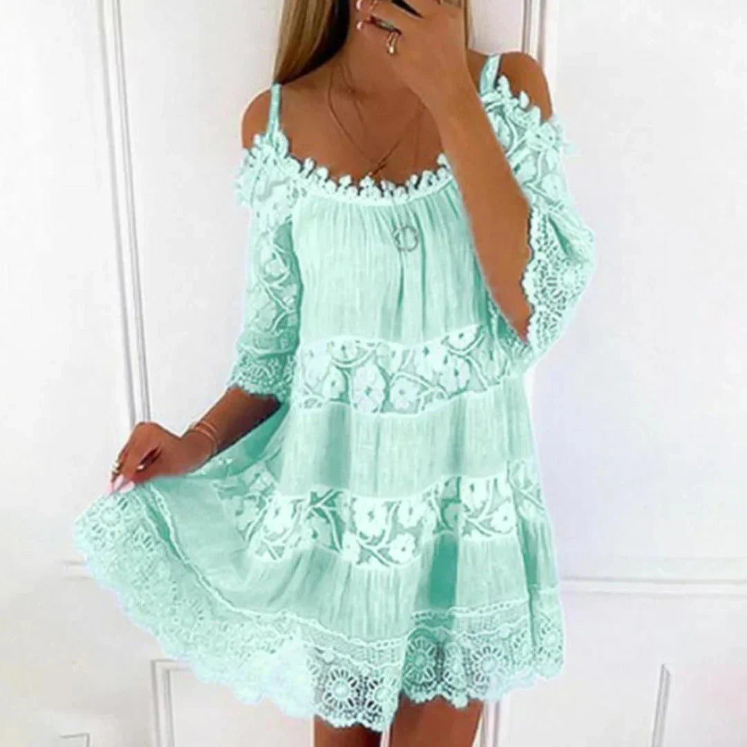 Vestido Mini de Verão com Renda de Croché e Bordados