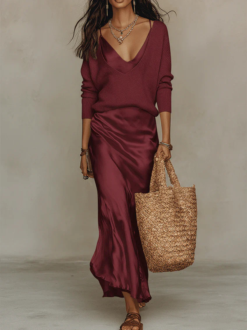 Long Satin Dress with V-Neck and Thin Straps