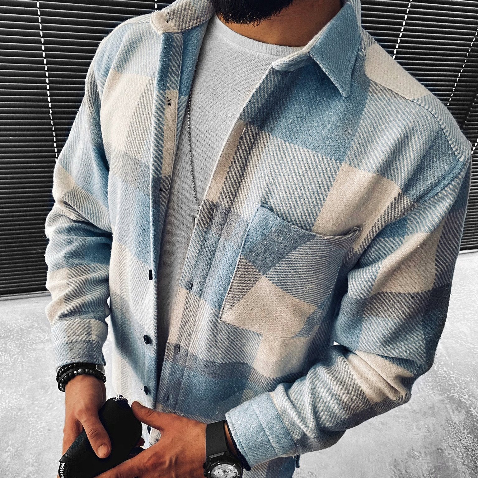 Kariertes Hemd - Hellblau - Button-Up - Überhemd - Herrenhemd-S-Chaps Herrenmode