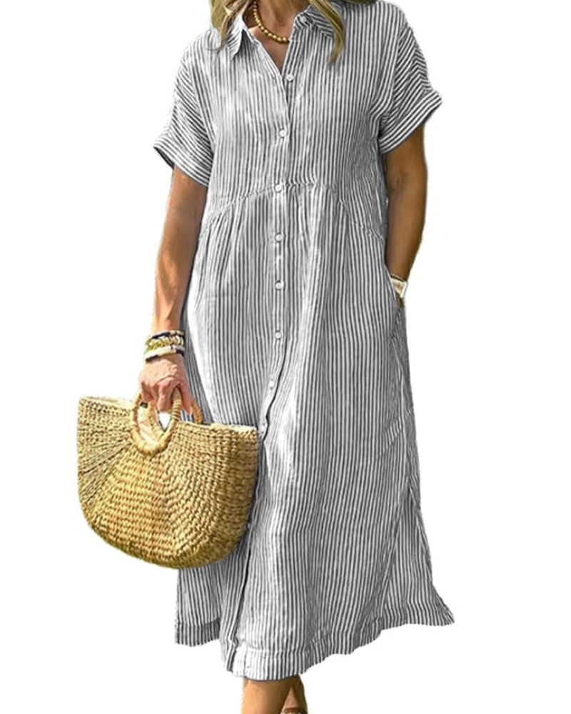 Vestido largo casual a rayas con cuello y bolsillos