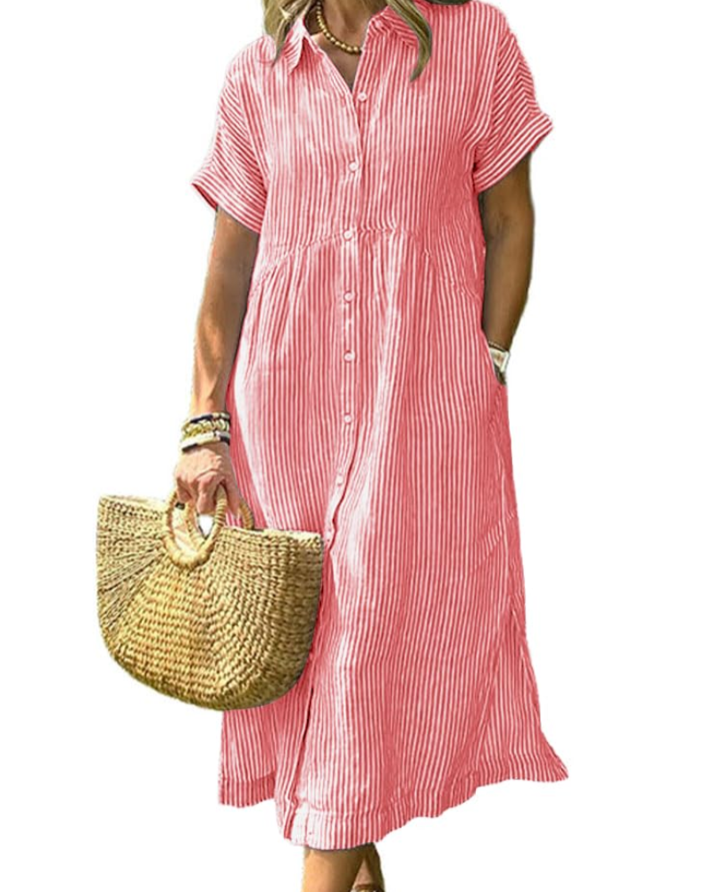 Vestido largo casual a rayas con cuello y bolsillos