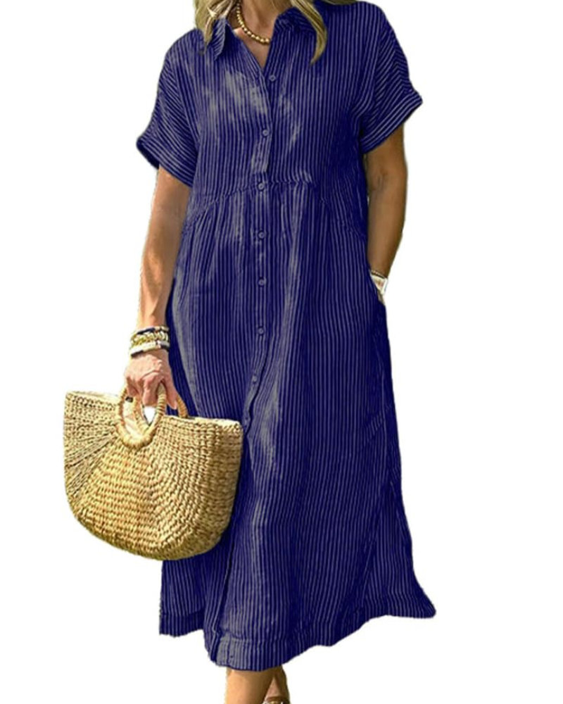 Vestido largo casual a rayas con cuello y bolsillos