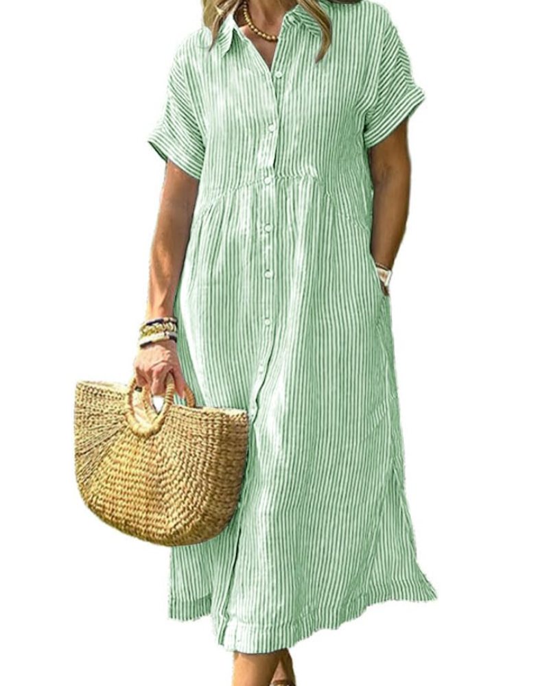Vestido largo casual a rayas con cuello y bolsillos
