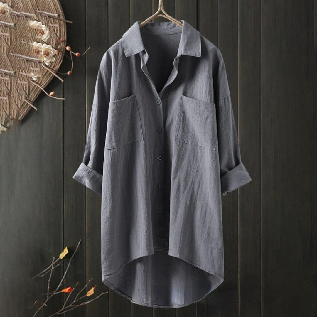 Long Women's Shirt with Front Pockets and Loose Fit