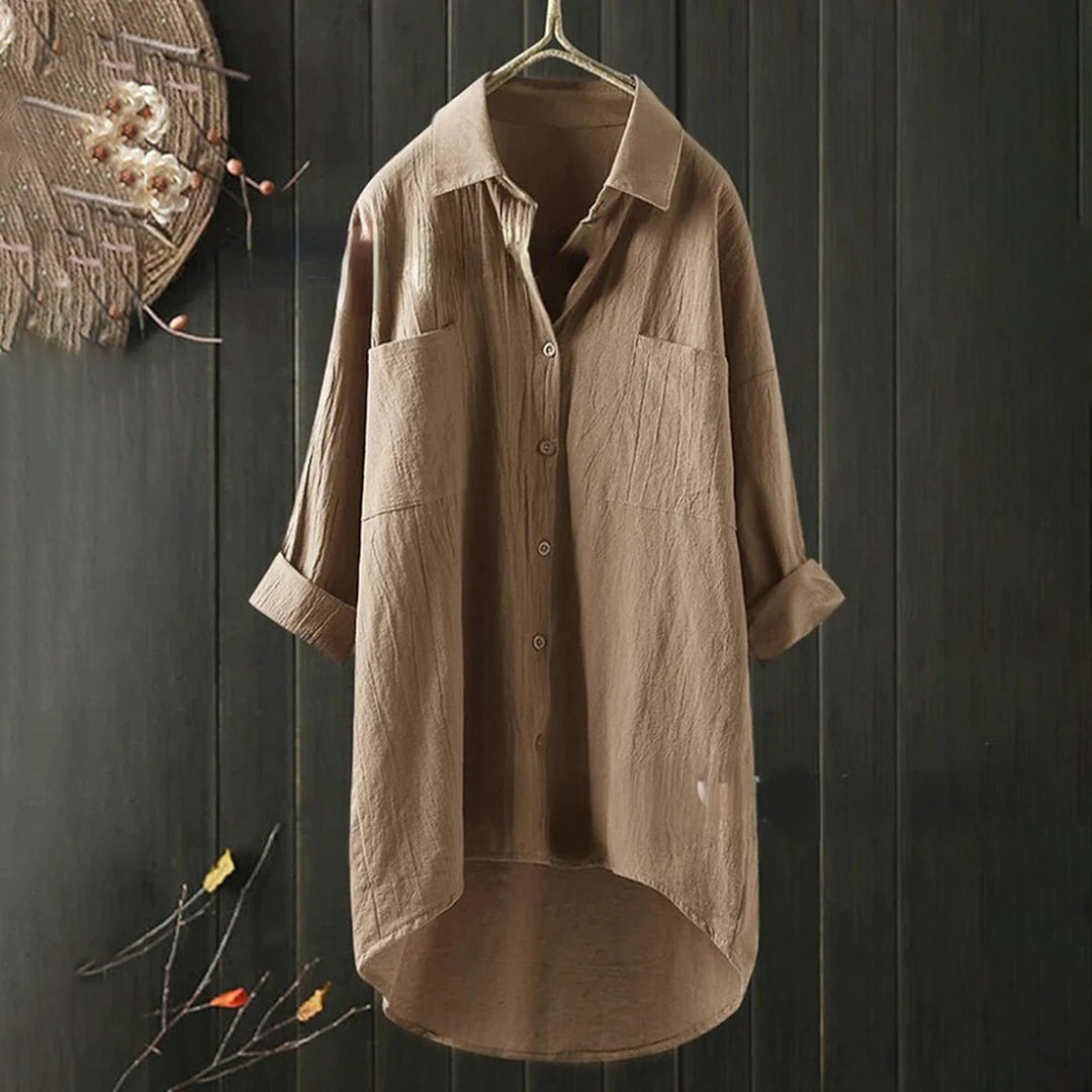 Long Women's Shirt with Front Pockets and Loose Fit