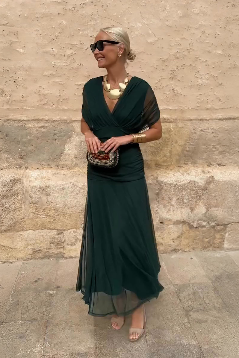 Long Pleated Dress with V-Neck and Short Sleeves