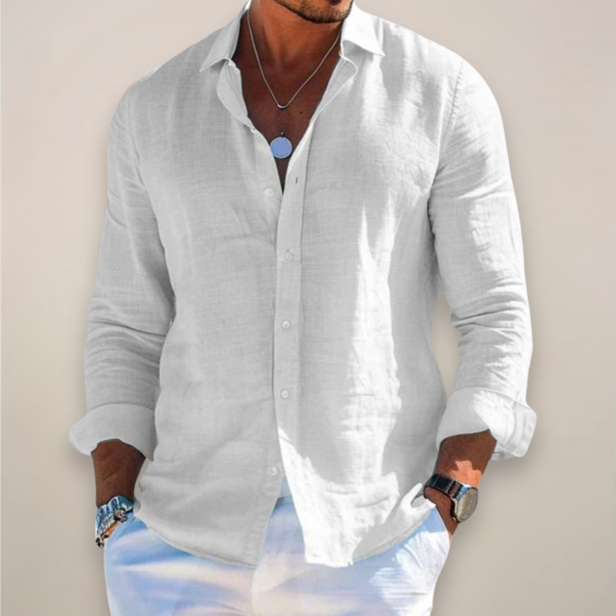 Men's Long Sleeve Linen Shirt with Regular Fit