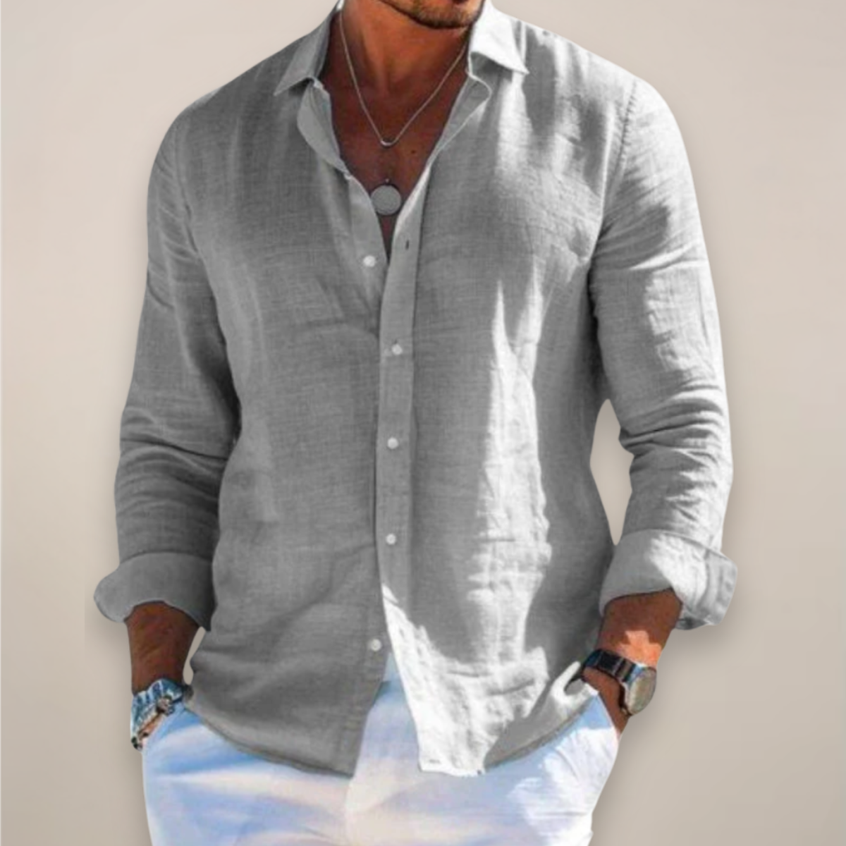 Men's Long Sleeve Linen Shirt with Regular Fit