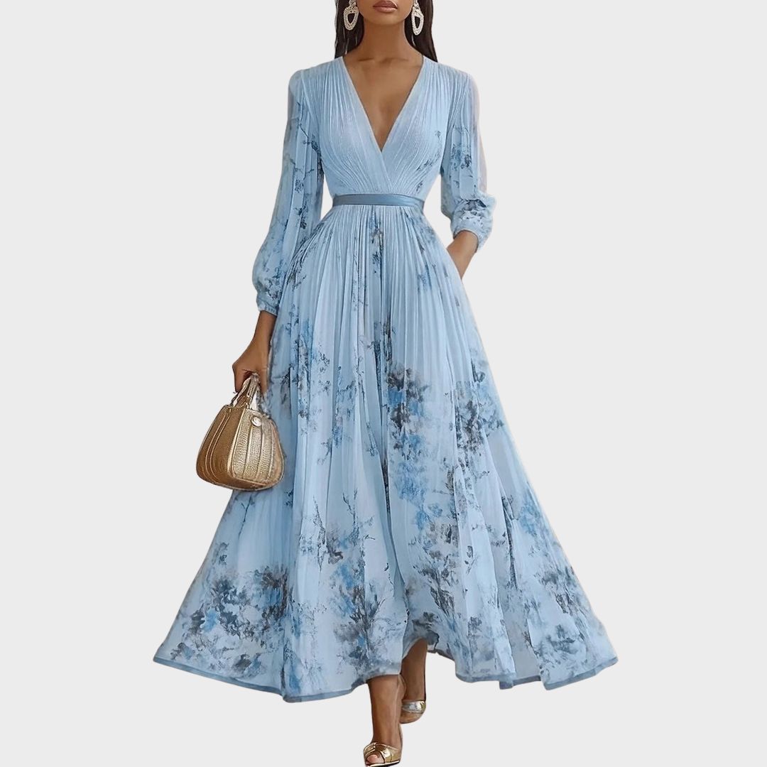 Robe maxi plissée pour femme avec manches longues – col en V floral et coupe évasée