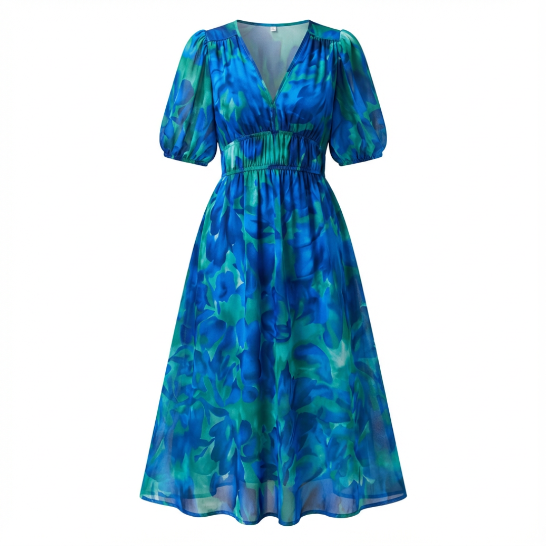 Vestido midi estampado para mujer con escote en V, mangas 3/4 y cintura fruncida
