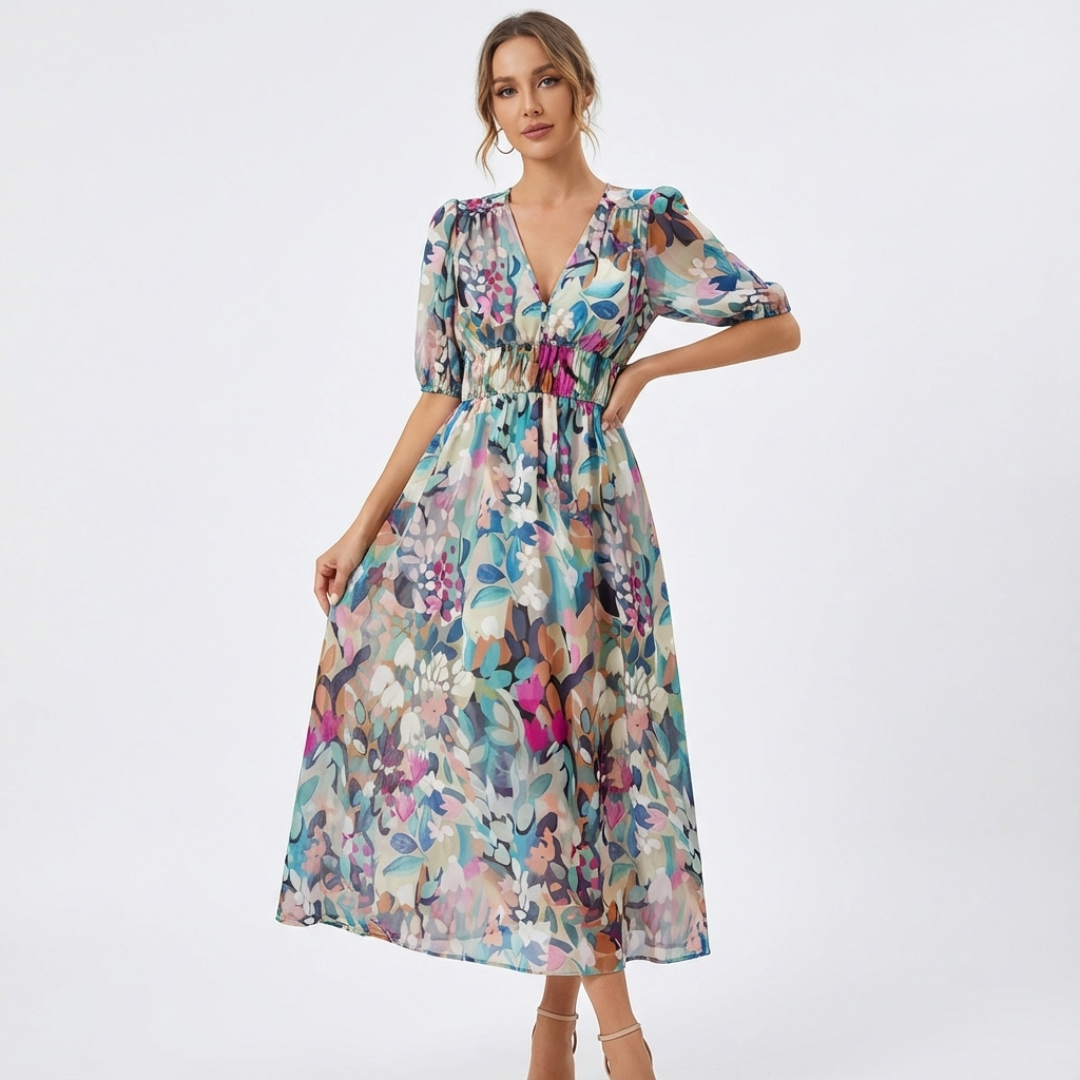 Vestido midi estampado para mujer con escote en V, mangas 3/4 y cintura fruncida