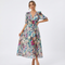 Vestido midi estampado para mujer con escote en V, mangas 3/4 y cintura fruncida