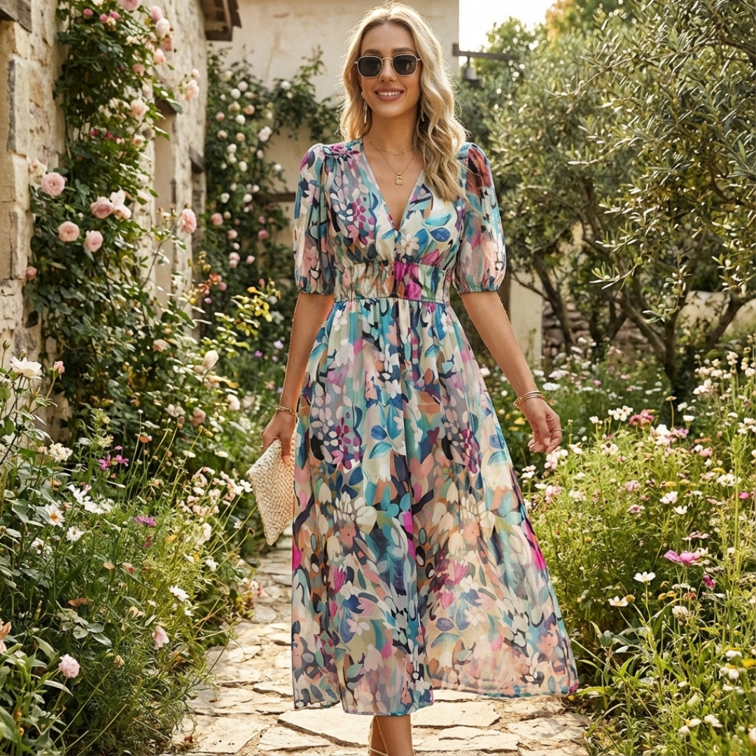 Vestido midi estampado para mujer con escote en V, mangas 3/4 y cintura fruncida