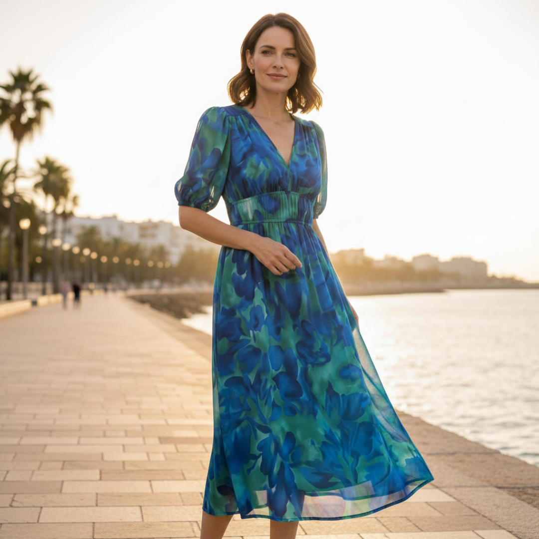 Vestido midi estampado para mujer con escote en V, mangas 3/4 y cintura fruncida