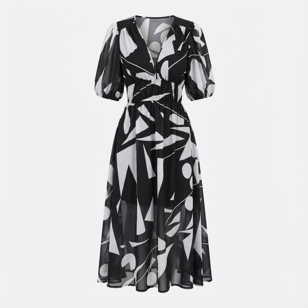 Vestido midi estampado para mujer con escote en V, mangas 3/4 y cintura fruncida