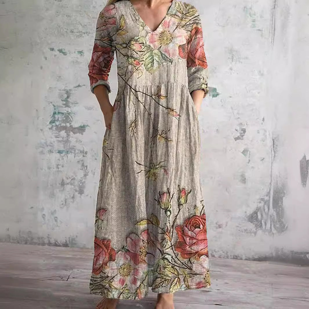 Robe d'été pour femme avec col en V et imprimé floral