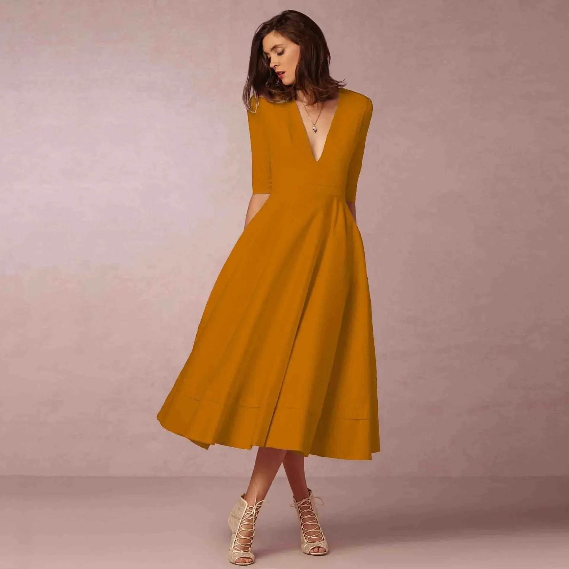 Robe midi à col en V et manches au coude pour femme