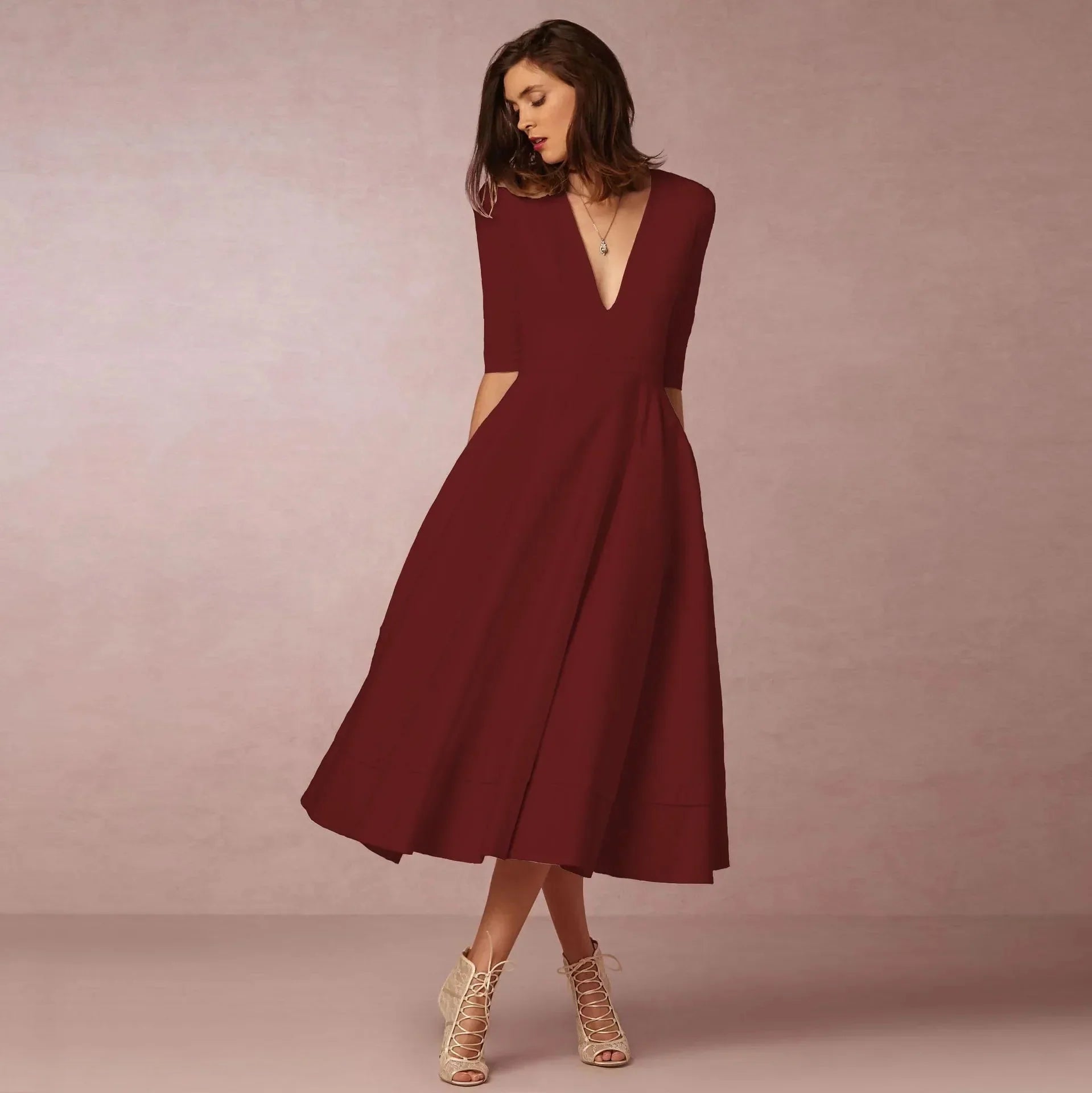 Robe midi à col en V et manches au coude pour femme