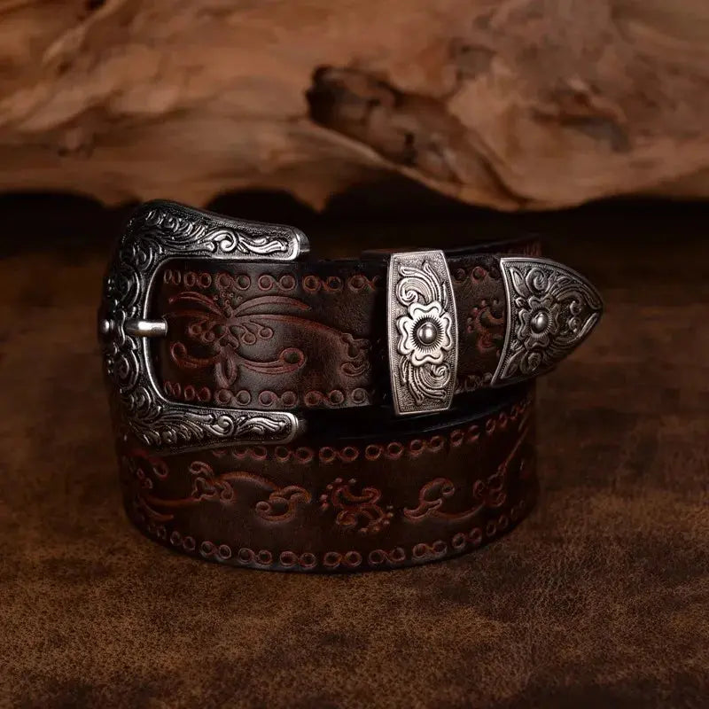 Férfi bőröv western stílusban - Gravírozott csat, klasszikus cowboy stílus