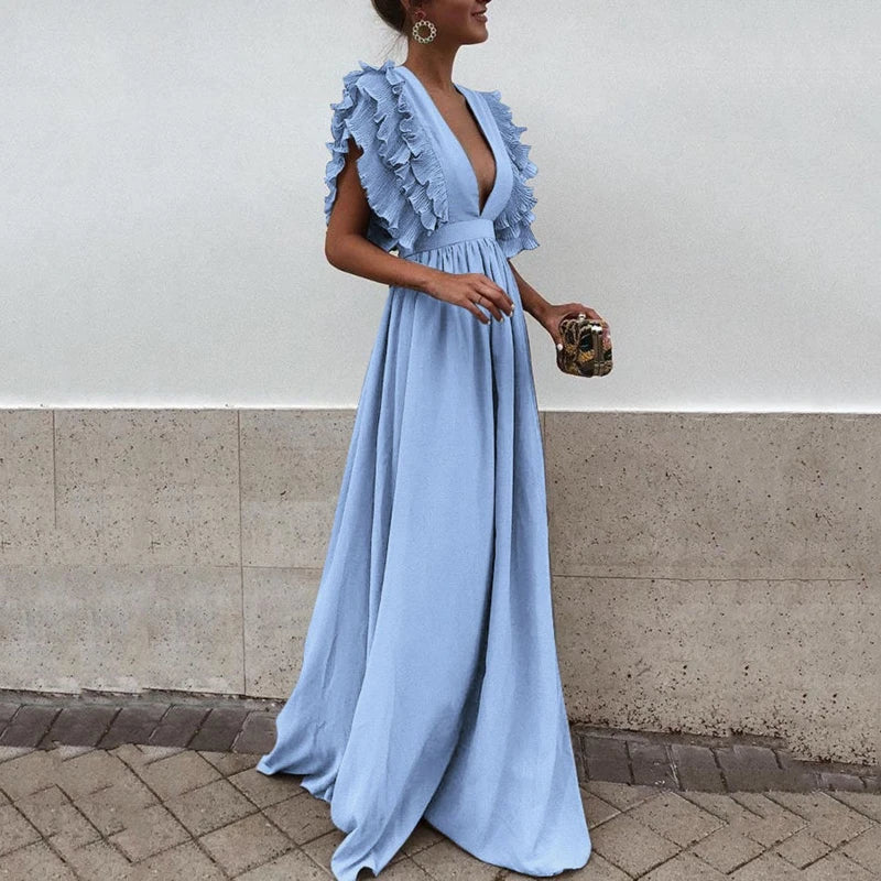 Rochie maxi fluidă cu mâneci cu volane