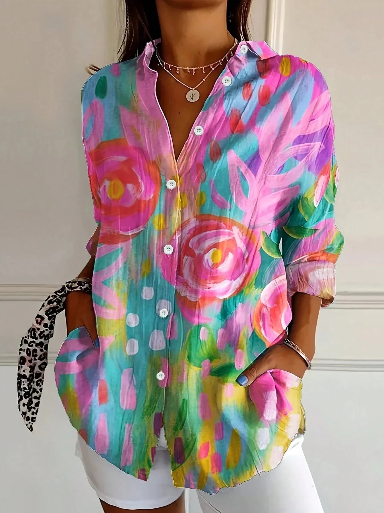 Chemise oversize à fleurs pour femme en lin et coton avec manches longues