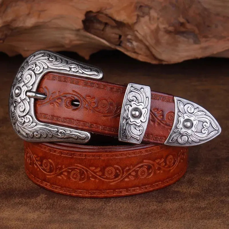 Cinturón de piel para hombre estilo western - Hebilla grabada, clásico estilo vaquero