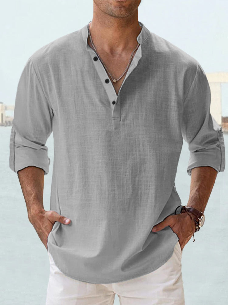 Chemise décontractée pour homme en lin et coton avec col mao