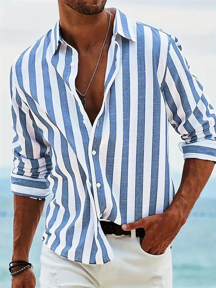 Men's Summer Shirt James – Blue Striped Shirt in Linen and Cotton Blend