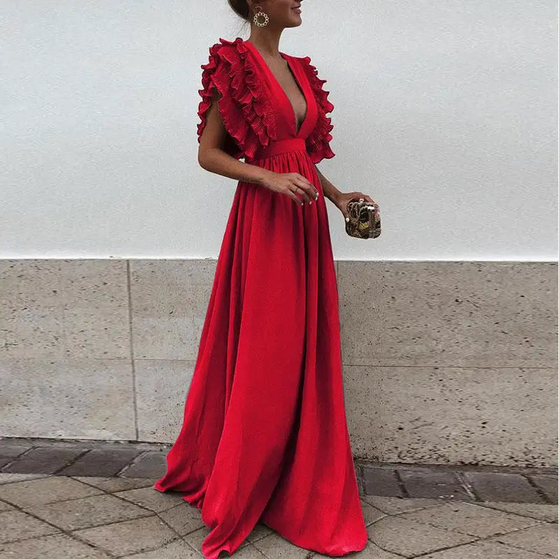 Rochie maxi fluidă cu mâneci cu volane