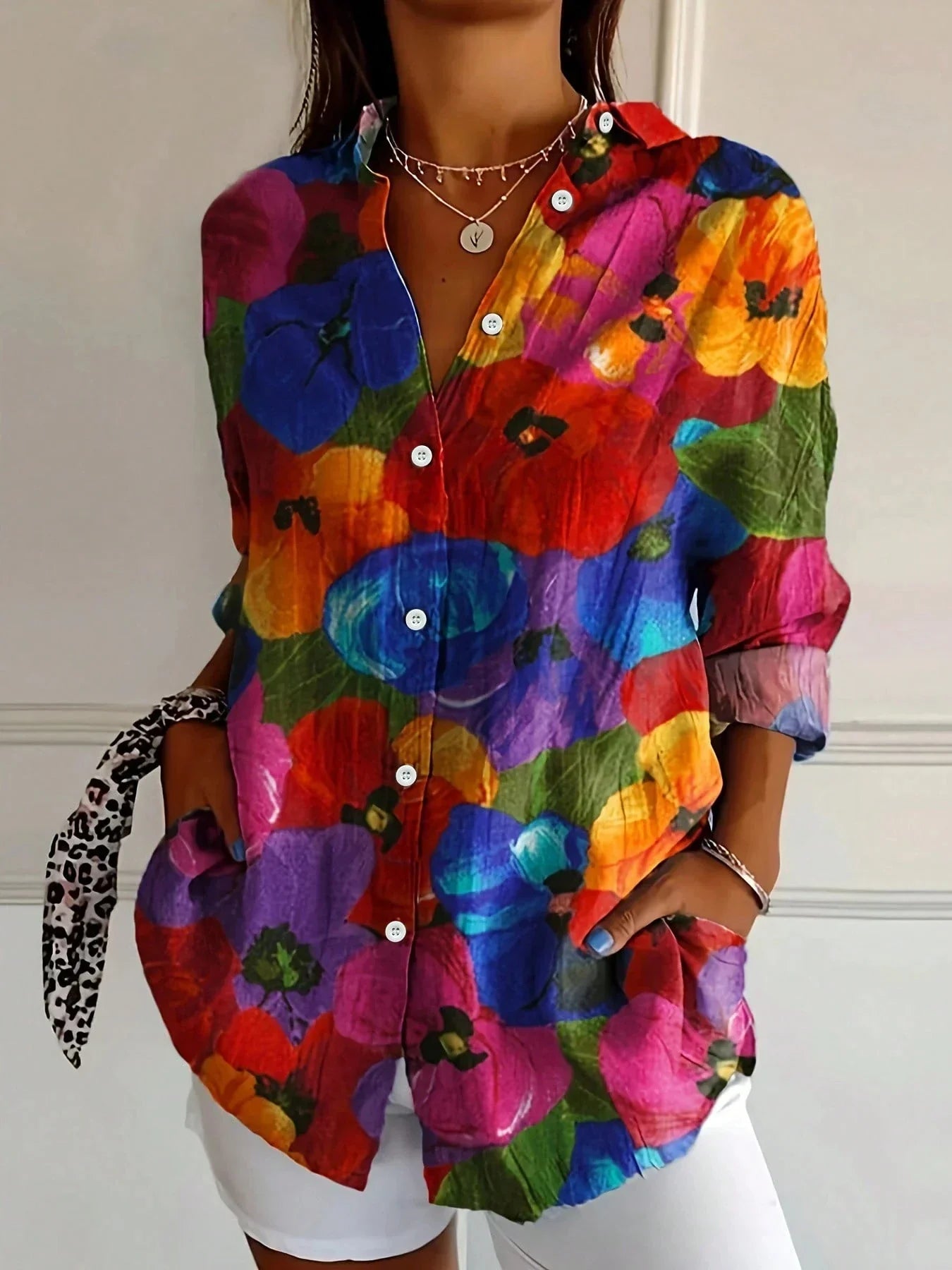 Chemise oversize à fleurs pour femme en lin et coton avec manches longues
