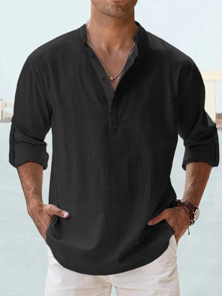 Chemise décontractée pour homme en lin et coton avec col mao