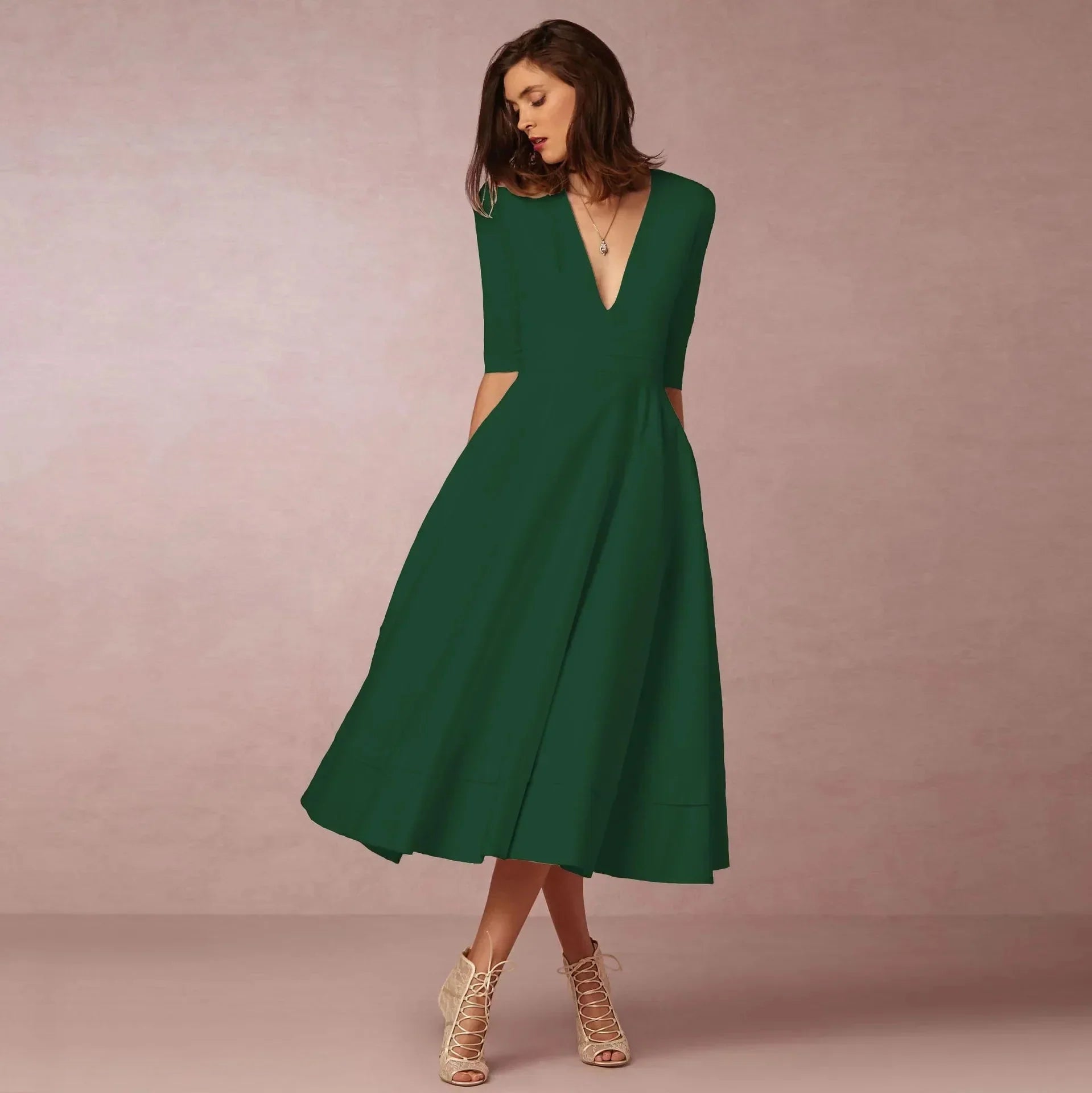 Robe midi à col en V et manches au coude pour femme