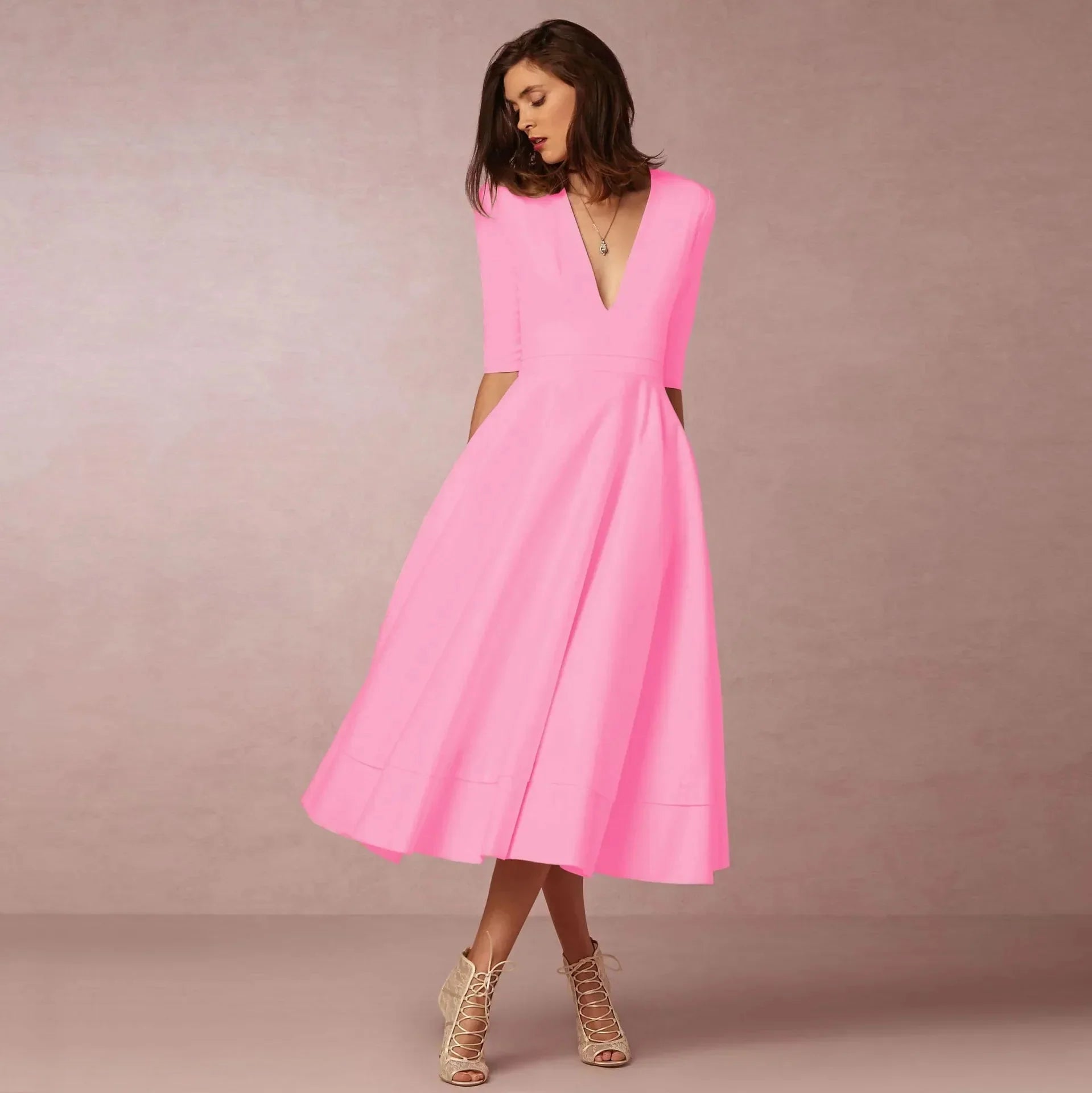 Robe midi à col en V et manches au coude pour femme