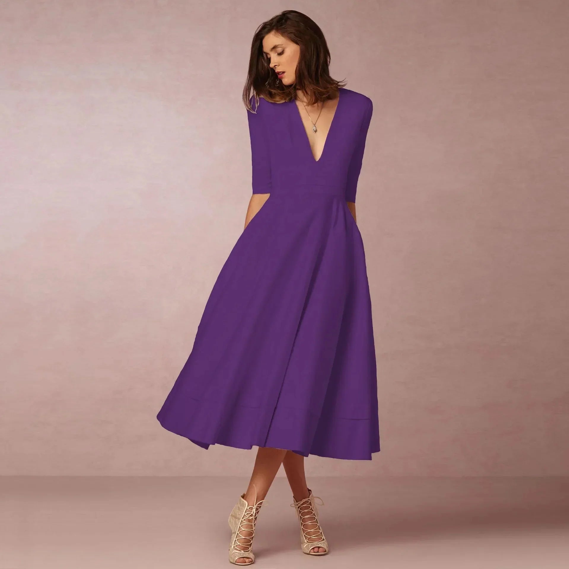 Robe midi à col en V et manches au coude pour femme