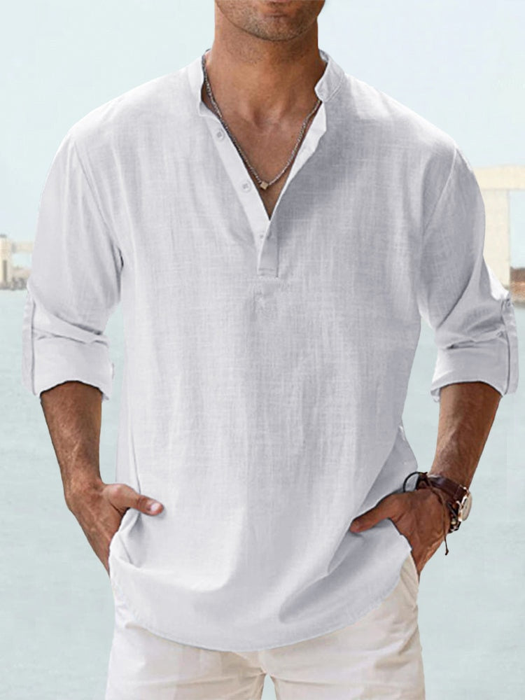 Chemise décontractée pour homme en lin et coton avec col mao