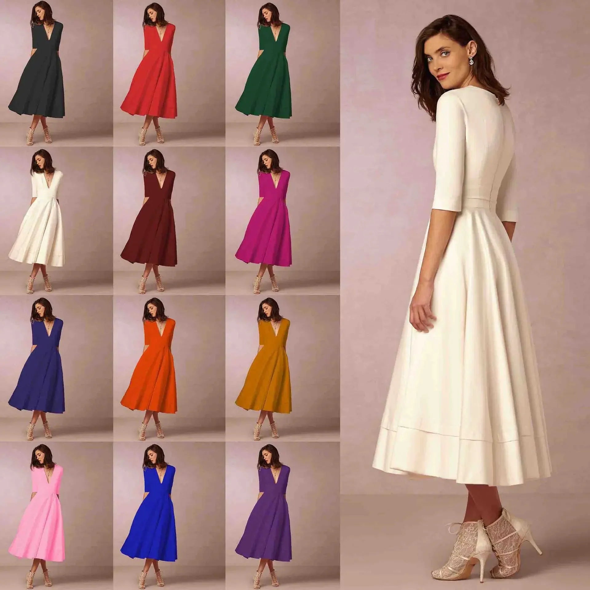 Robe midi à col en V et manches au coude pour femme