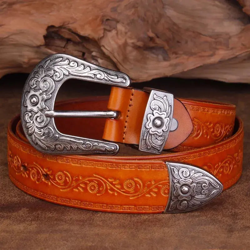Férfi bőröv western stílusban - Gravírozott csat, klasszikus cowboy stílus