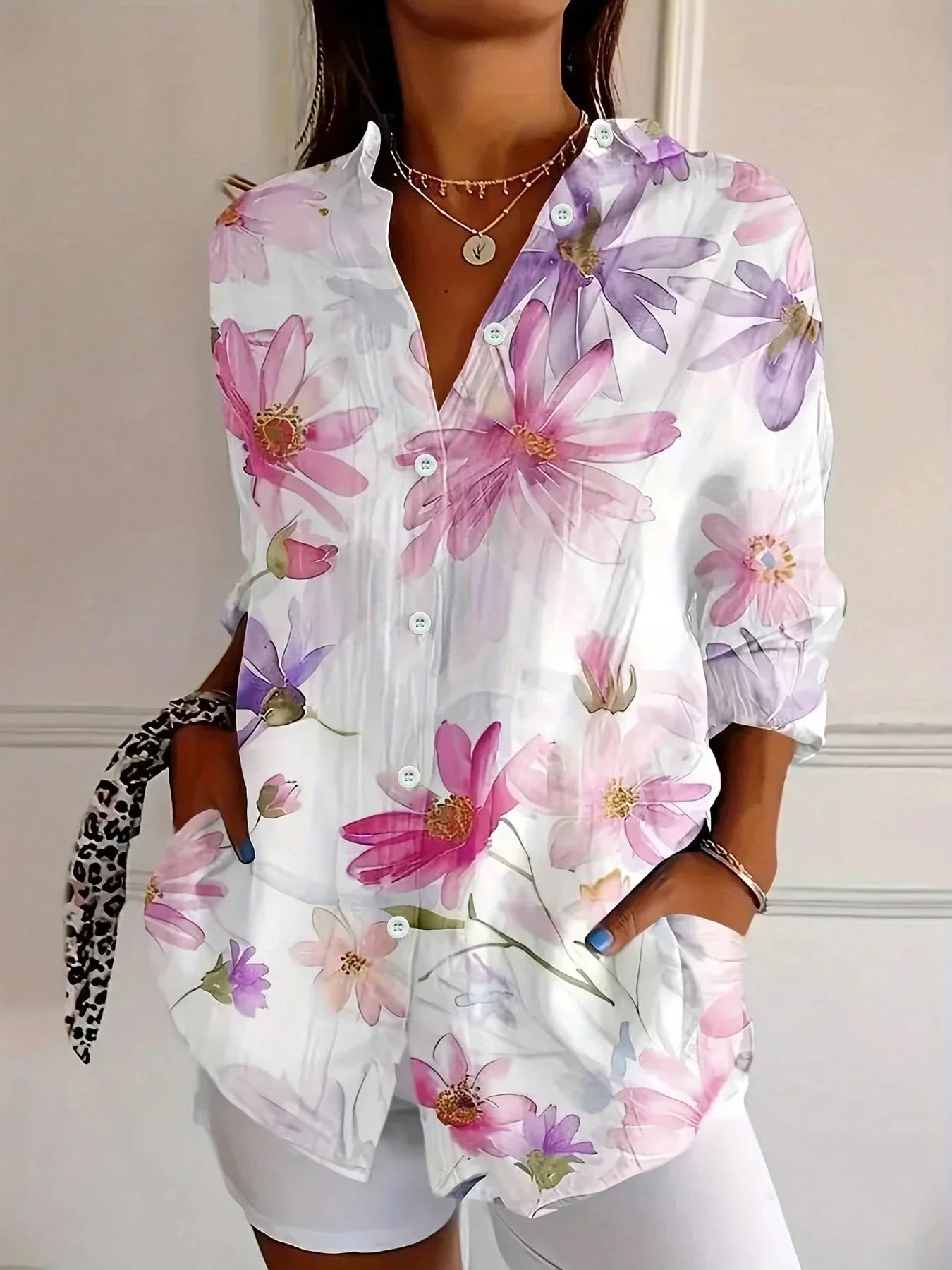 Chemise oversize à fleurs pour femme en lin et coton avec manches longues