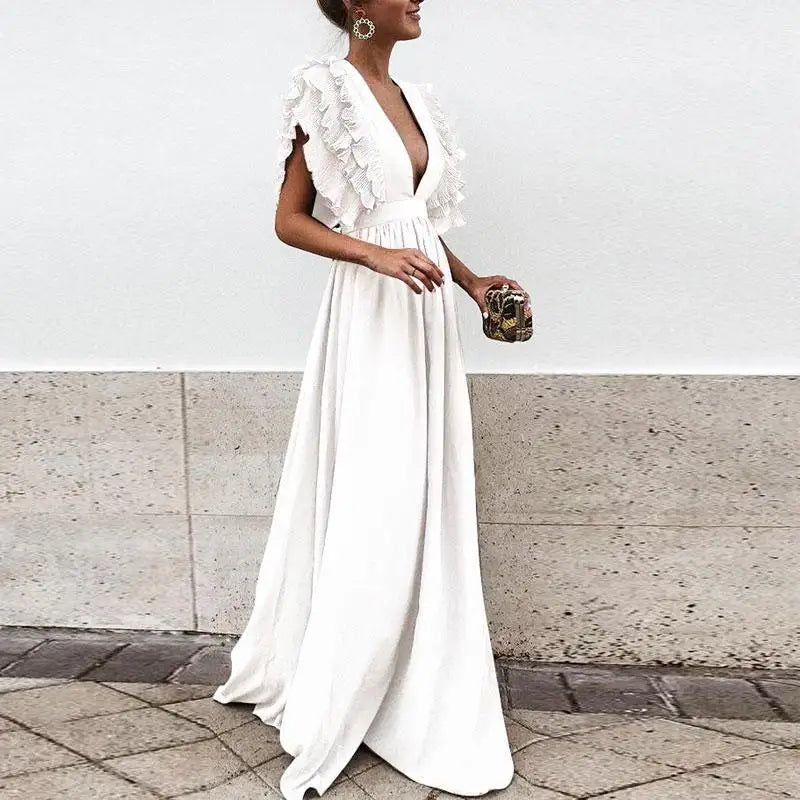 Rochie maxi fluidă cu mâneci cu volane