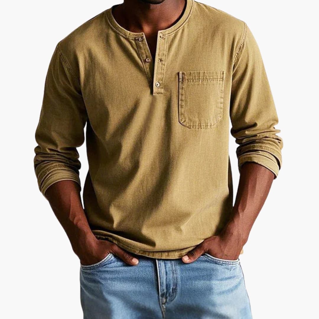Herre T-shirt med lange ærmer, rund hals og brystlomme