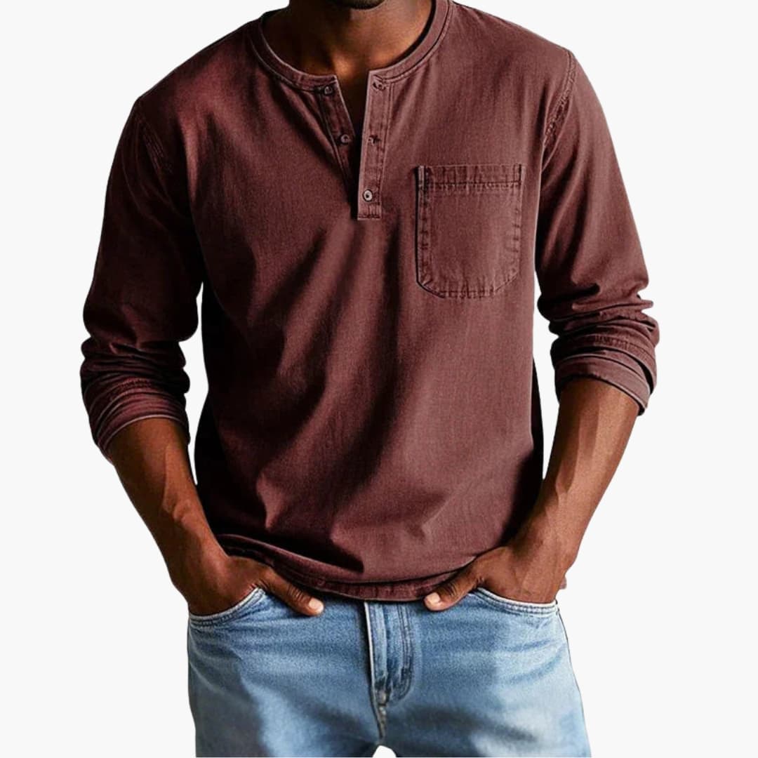 Herre T-shirt med lange ærmer, rund hals og brystlomme